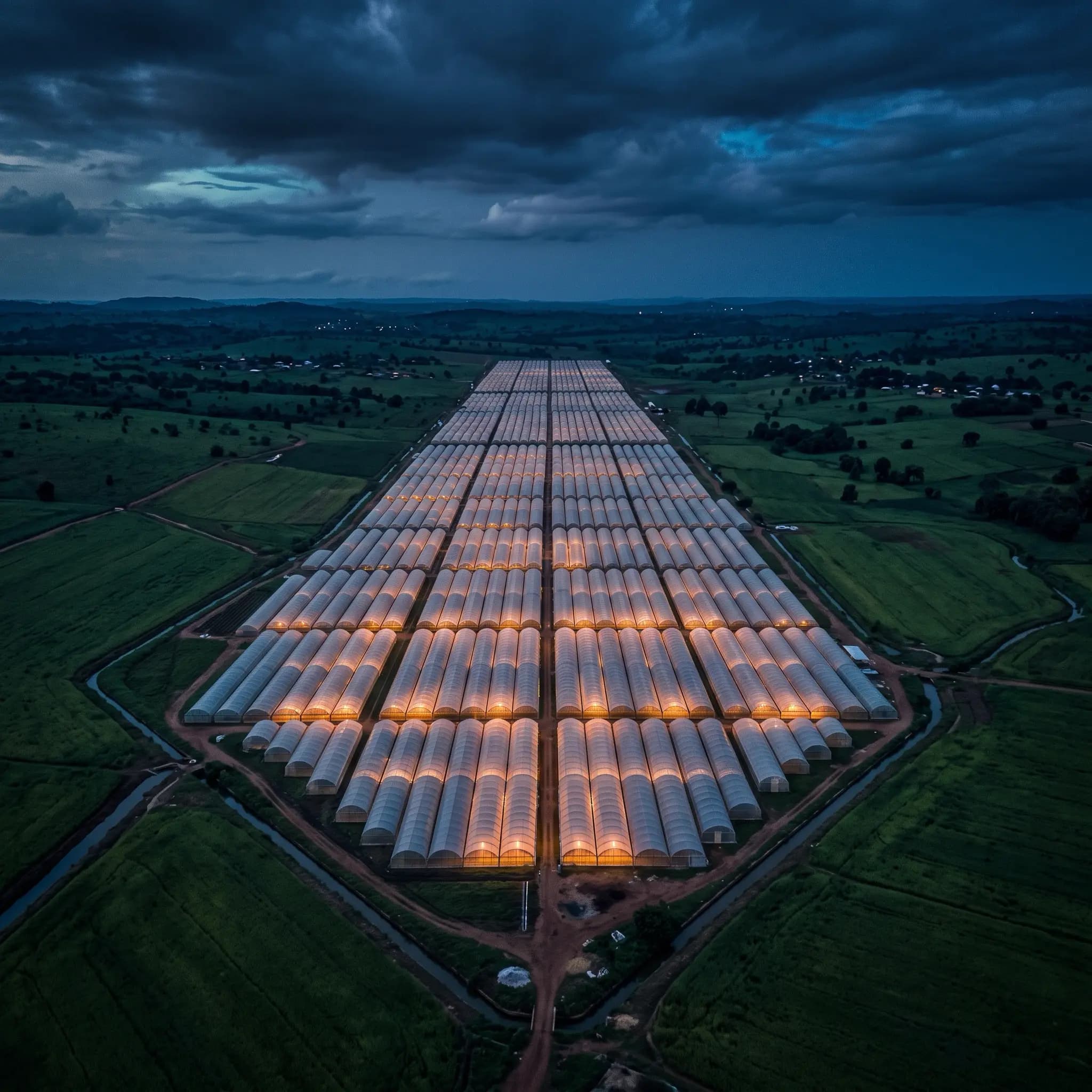 Aerial view of a greenhouse farm complex at twilight