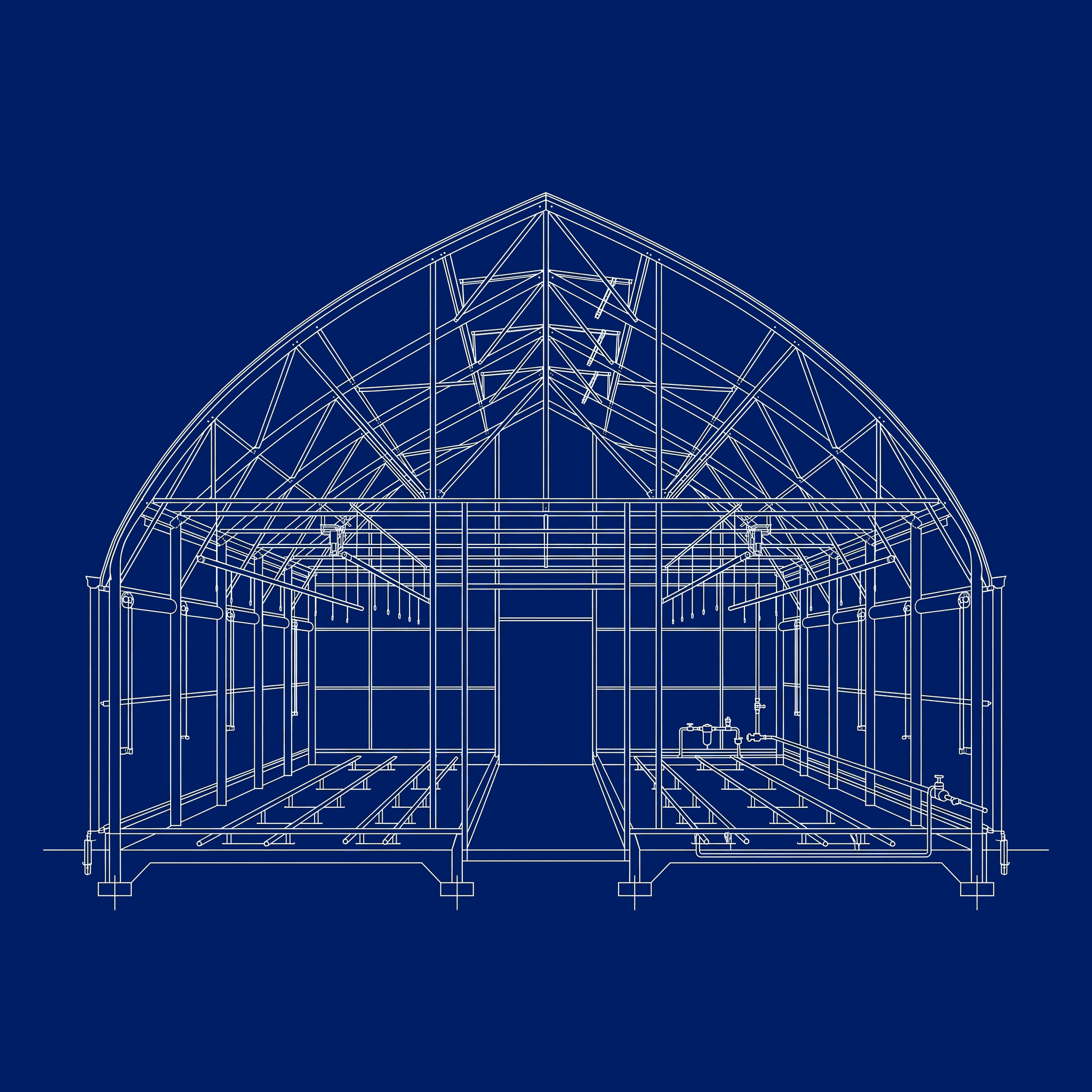 Technical line drawing of a commercial greenhouse structure