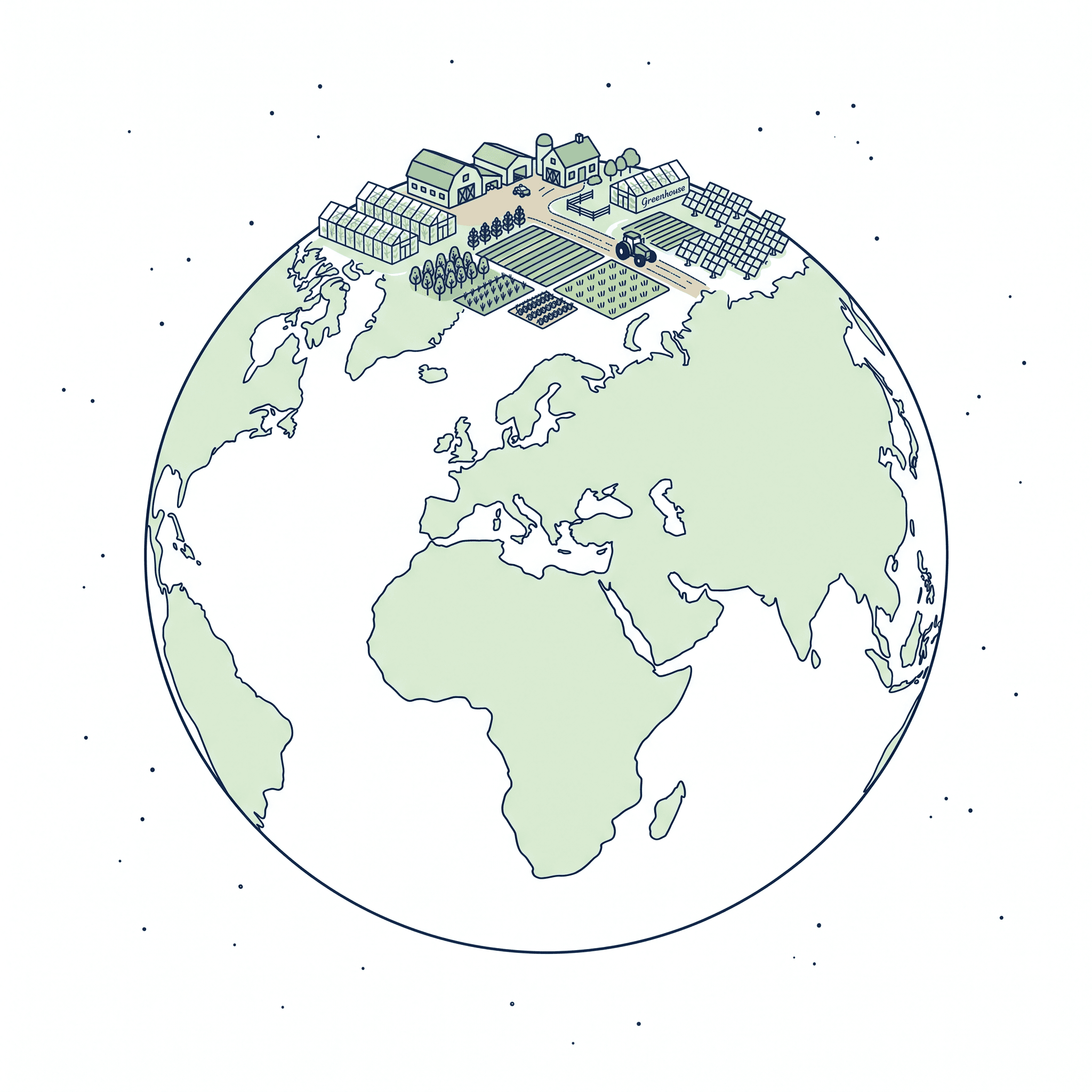Illustration of the earth topped by greenhouses, crop fields, solar panels and a tractor